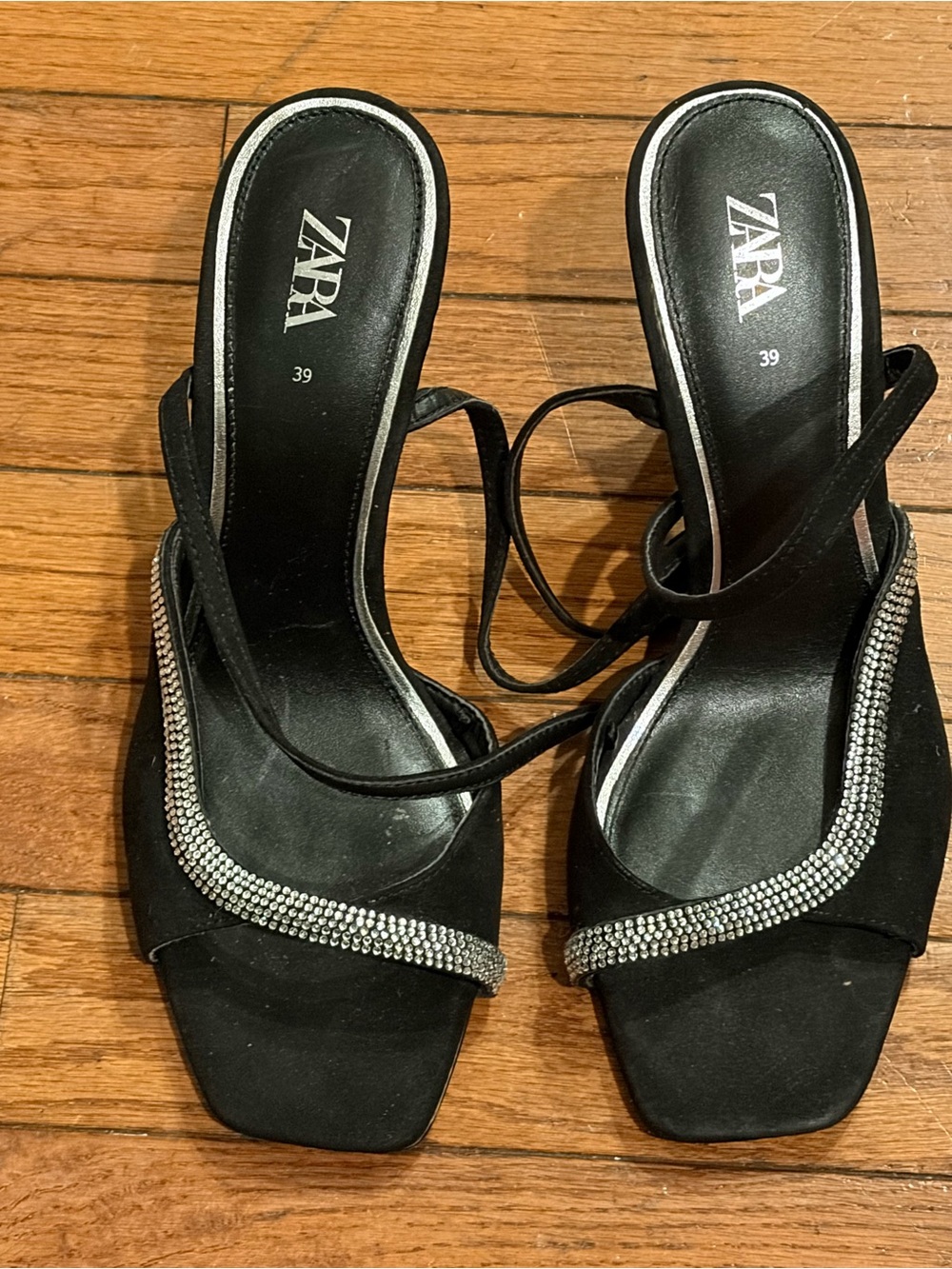 Zara Black Rhinestone Ankle-Tie Heeled Sandals size 39
